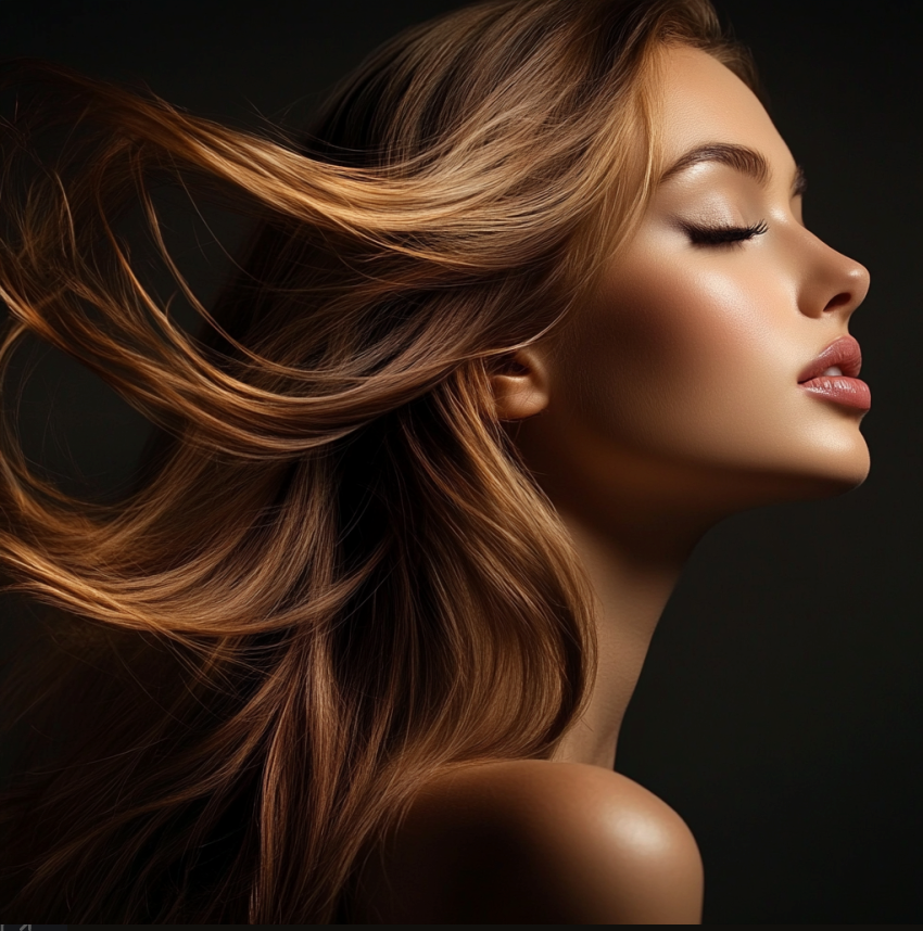 Young woman with curly blonde hair blowing behind her, she is wearing a gold eye shadow and had glowing skin on her face and shoulders from using body oil in her hair.