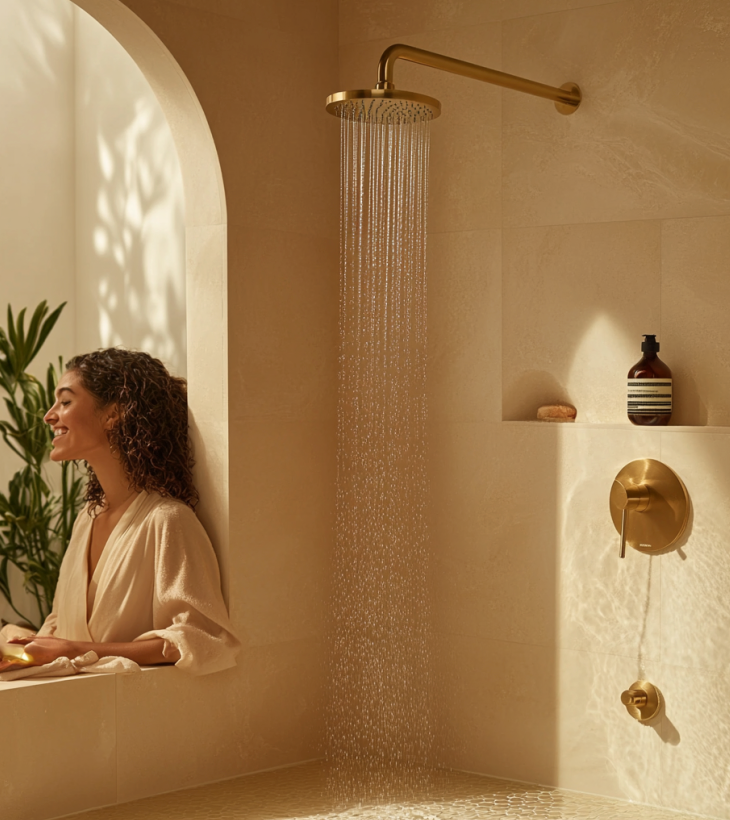 White female with brown hair sitting in an aesthetic bathroom, relaxing in a cream robe after enjoying a cleansing shower and using shower oil.