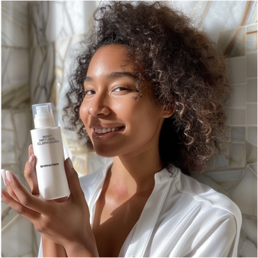 African American woman dressed in white holding one of the Best Natural Cleansers. 