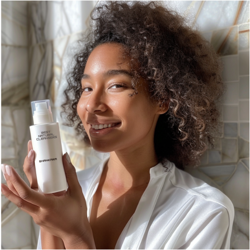 African American woman dressed in white holding one of the Best Natural Cleansers. 