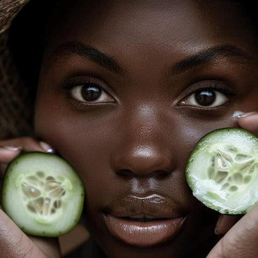 up close portrait of girl holding cucumber slices