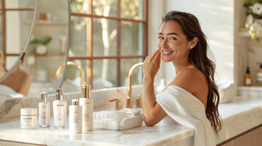 A smiling young woman wrapped in a white towel applies skincare products in a sunlit bathroom. Various white skincare bottles are arranged on the marble countertop, suggesting an affordable and gentle skincare routine for sensitive skin.