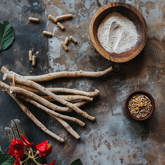 ashwagandha root placed on table adjacent to other herbs in wooden bowls.