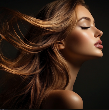 Young woman with curly blonde hair blowing behind her, she is wearing a gold eye shadow and had glowing skin on her face and shoulders from using body oil in her hair. 