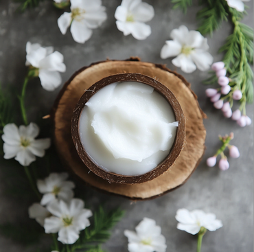 Photo of a freshly cut opened coconut, with the insides whipped into a hydrating and moisturizing natural body cream. Featured in the blog "Can I Use Coconut Oil As A Body Cream?"