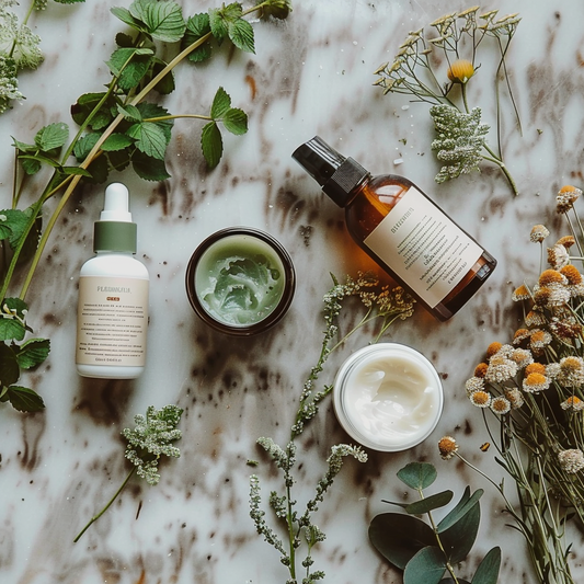 skincare creams and product bottles on counter with leaves and flowers.