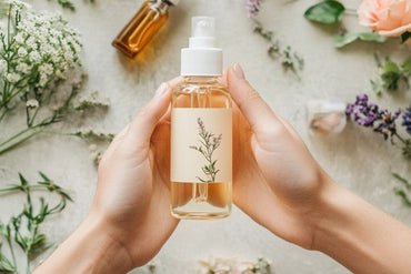 Hands holding a glass bottle of homemade essential oil body spray with a botanical label. Surrounding the bottle are various herbs and natural ingredients for DIY body care products.