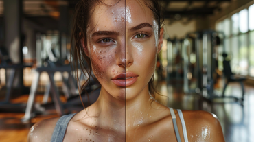 Split-face image comparing sweaty post-workout skin with blemishes to clear, glowing skin in a gym setting.