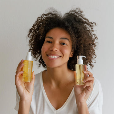 young and beautiful african american woman holding shankara's body oil in one hand and body lotion in the other.
