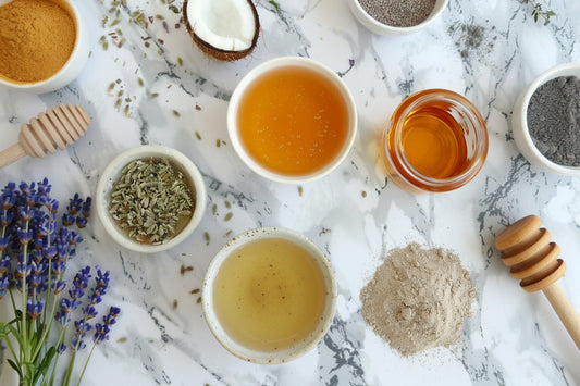 holistic skin care routine with ingredients including witch hazel, raw honey, apple cider vinegar, lavender oil, clay mask, coconut oil, jojoba oil