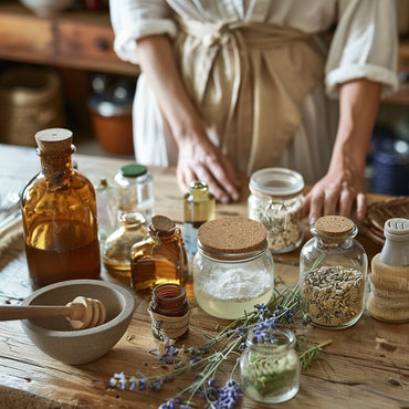 Woman in cozy, rustic kitchen counter adorned with homemade natural skin products. Displaying various glass jars, bottles, and containers filled with vibrant, organic ingredients like fresh aloe vera, lavender flowers, honey, oats, and essential oils.
