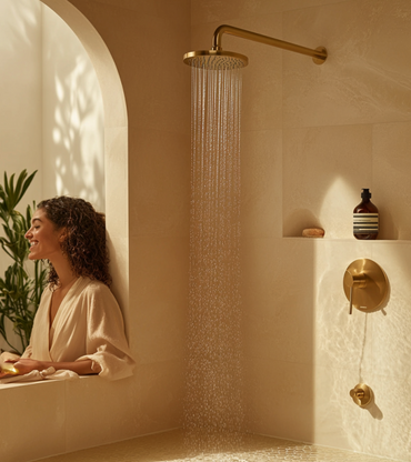 White female with brown hair sitting in an aesthetic bathroom, relaxing in a cream robe after enjoying a cleansing shower and using shower oil.