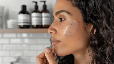 Profile of woman with curly hair applying skincare product, emphasizing temple area. Skincare bottles visible in background.