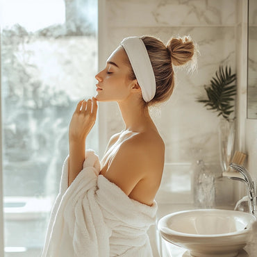 Attractive blonde woman standing in her aesthetic clean bathroom wearing a white robe and matching white headband after applying body oil in the shower.