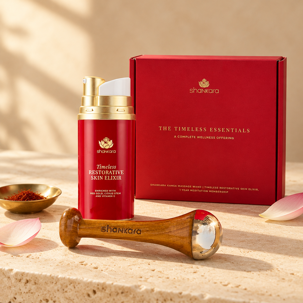 Timeless Essentials kit on travertine with saffron